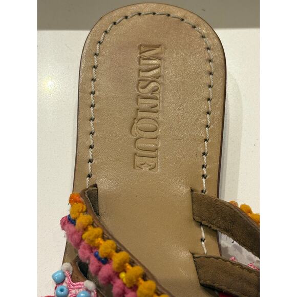 Mystique Tokyo Gladiator Pom Pom Rhinestone Roman Slides Leather 37 7 - Picture 2 of 8